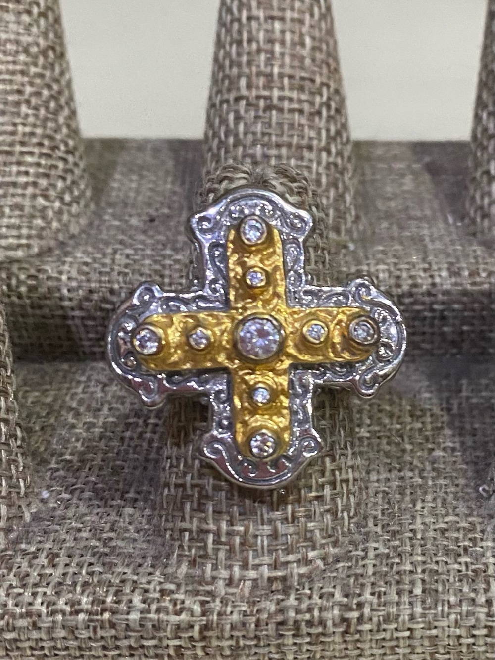 Silver Gold Cross Ring Sz 6 Clear Rhinestone Two Tone Statement Ring
